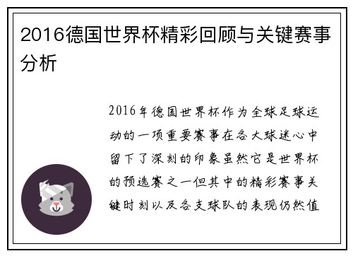 2016德国世界杯精彩回顾与关键赛事分析